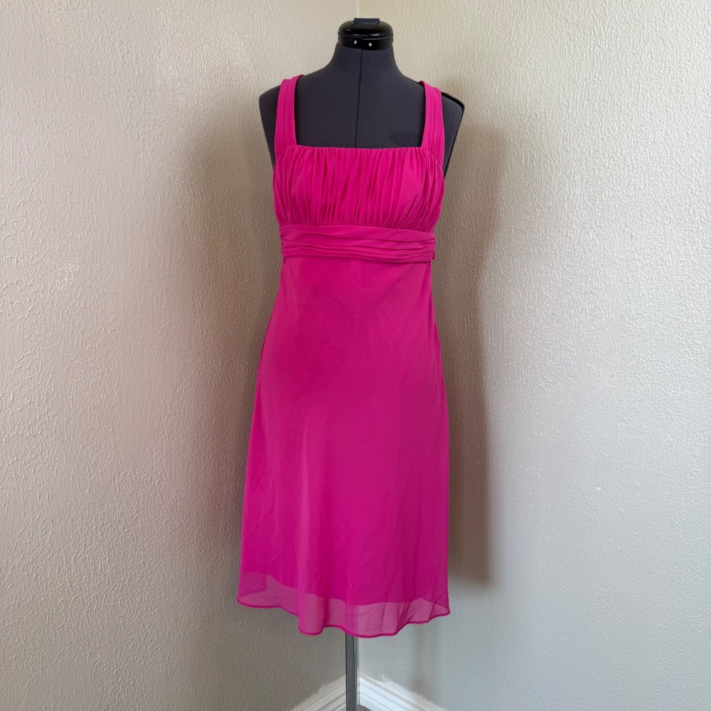 Davids Bridal Hot Pink Ruched Chiffon Cocktail Dress Bow Back F13954 Size 2